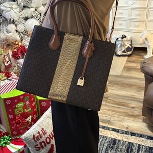 Michael Kors Dark Brown and Gold Tote Bag